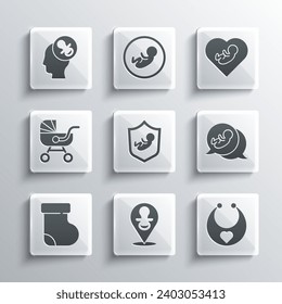 Set Baby dummy pacifier, bib, on shield, socks clothes, stroller,  and inside heart icon. Vector