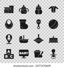 Set Baby dummy pacifier, Cake with burning candles, Beach ball, bottle, socks clothes, bib, food and Rattle baby toy icon. Vector