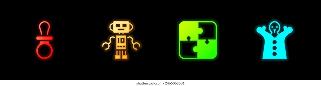 Set Baby chupete maniquí, juguete robot, piezas de rompecabezas y muñeca de juguete títere en el icono de la mano. Vector