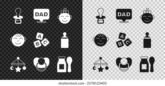 Set Baby dummy pacifier, Speech bubble dad, Little girl head, crib hanging toys, Yogurt bottle with spoon, boy and ABC blocks icon. Vector