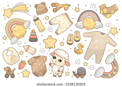Set of baby elements, clothes and toys, decorative rainbows and clouds. Vector illustration in flat style. For posters, banners, cards and packages