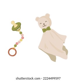 Set of Baby Elements - Pacifier with Bead Clip, and Teddy Bear Blanket