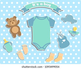 Set of baby elements for postcards with baby shower. Flat vector illustration isolated on a blue background. Vector illustration