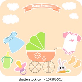 Set of baby elements for postcards with baby shower. Flat vector illustration 