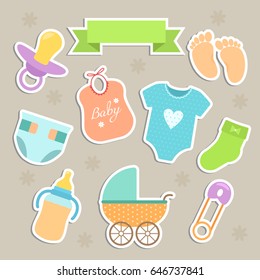 Set of baby elements for postcards with baby shower. Flat vector illustration isolated on a light background