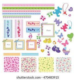 Set baby elements. Baby shower elements and  cute seamless backgrounds. Vector illustration. Seamless pattern for scrapbook. 