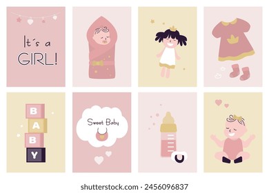 Set of baby elements and things for shower or greeting cards, banner with doodle newborn accessories and goods. Design collection on colorful backgrounds. It's a girl. flat vector illustration