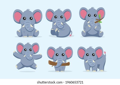 Set of baby elephant cute and adorable pose design