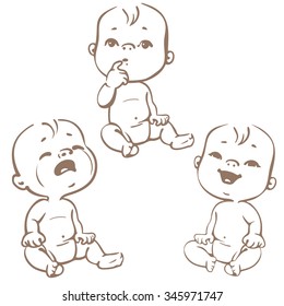 Set of baby emotion icons. Face expressions. Sadness, joy, interest. Cartoon little babies in diapers, crying, laughing, curious baby. Emotional baby. Monochrome line art vector illustration.