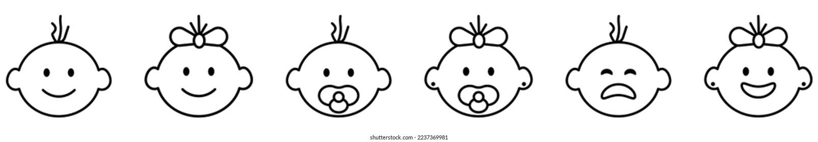 Set of baby face icon with different emotions. Baby boy, baby girl line icons. Vector illustration isolated on white background
