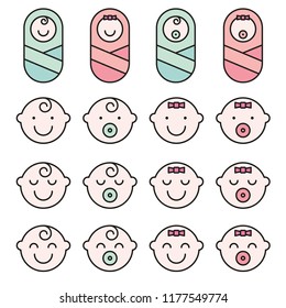 Set baby face simple icons. Varied expressions symbols.
