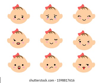 Set of baby faces emoji with different mood. Kawaii cute kids emoticons and Japanese anime emoji faces expressions.