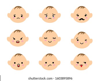 Set of baby faces emoji with different mood. Kawaii cute kids emoticons and Japanese anime emoji faces expressions.
