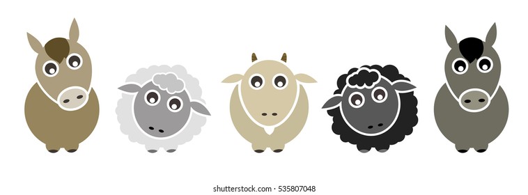 Set of Baby Farm Animal - Horse Sheep Goat, Vector illustration
