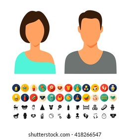 Set of baby flat icons with long shadows. Vector illustration.