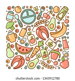 Set of baby food elements. Cartoon style vector illustration