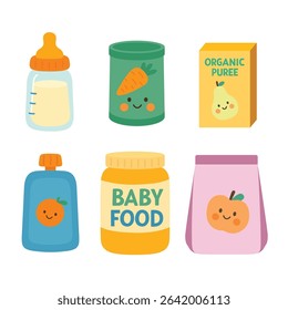 Set of baby food and feeding products including milk bottle, puree jars, food pouches and containers with smiling fruit and vegetable icons. Flat cartoon illustration on white background. Infant