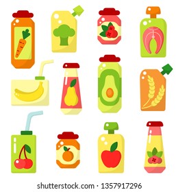 Set of baby food in jars. Flat style vector illustration
