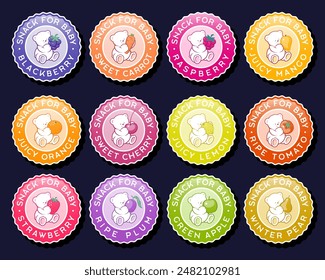 Set of Baby Food Label. Food sticker, round label with wavy edges. Identity, used color. White teddy bear with fruit или vegetable.