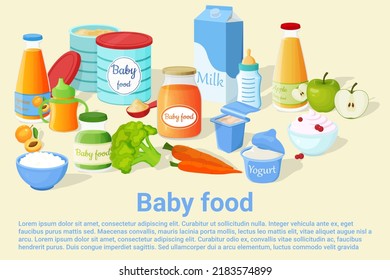 A set of baby food. Powdered milk mixture in a tin, milk, yogurt, apricot and applesauce, cottage cheese and apple juice.Vector illustration.