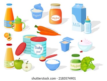 A set of baby food. Powdered milk mixture in a tin, milk, yogurt, apricot and applesauce, cottage cheese and apple juice.Vector illustration.