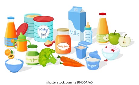 A set of baby food. Powdered milk mixture in a tin, milk, yogurt, apricot and applesauce, cottage cheese and apple juice.Vector illustration.