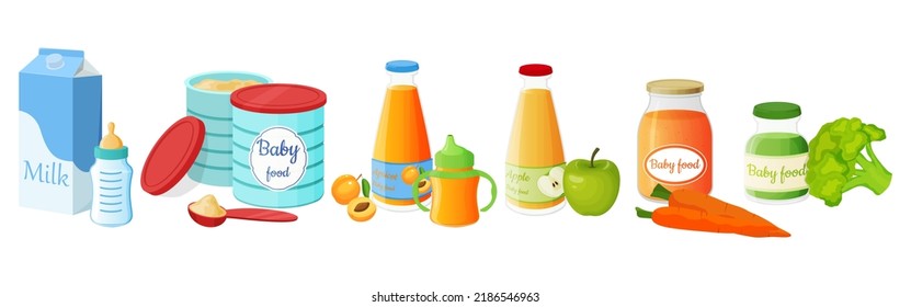 A set of baby food. Powdered milk mixture in a tin, milk, yogurt, apricot and applesauce, cottage cheese and apple juice.Vector illustration.