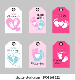 Set of baby footprint with text. Vector illustration.