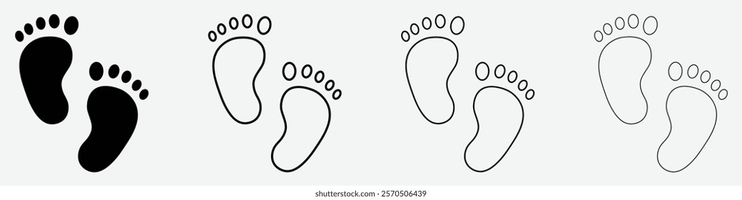 Set of baby footsteps different style. Baby footsteps vector set in black color isolated on a white background. Pairs of pink and blue footprints. Outlie sign. Flat style. Vector illustration.