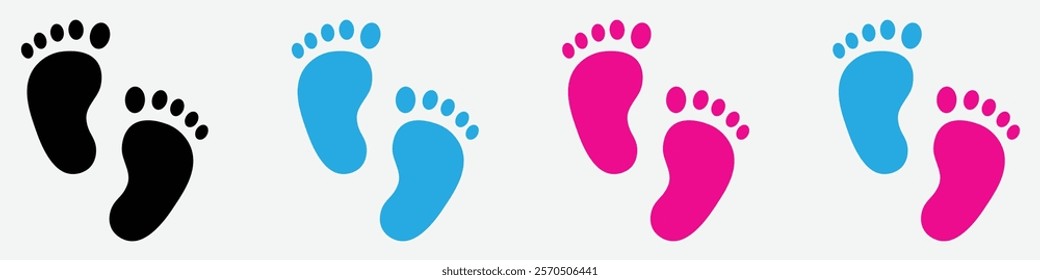 Set of baby footsteps different style. Boy and girl footprints pink, blue and black color isolated on a white background. Pairs of pink and blue footprints. Flat style. Vector illustration.