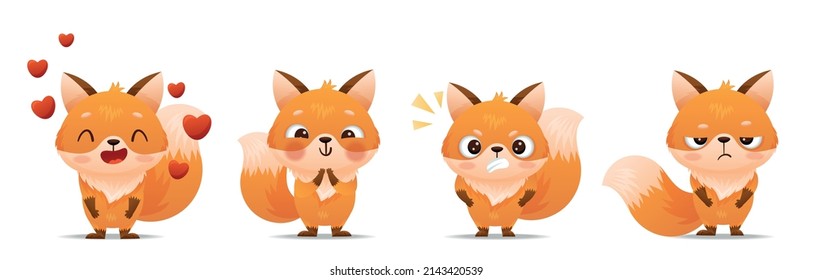 Set of baby foxes with different emotions, love, anger, sadness.. Drawn in cartoon style. Vector illustration for designs, prints and patterns. Isolated on white background
