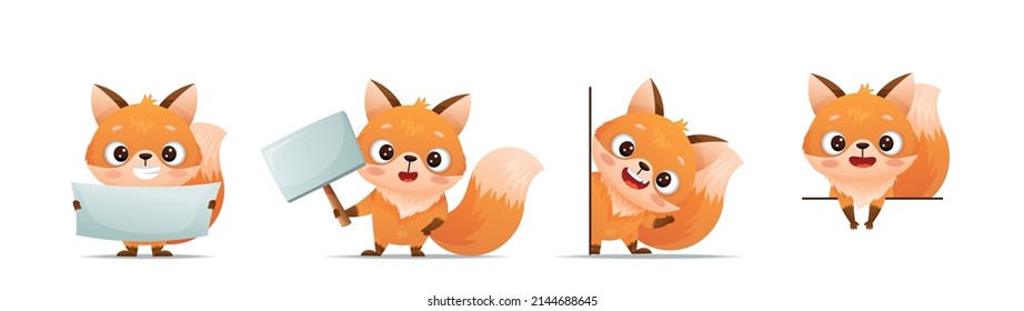 Set of baby foxes in different poses stand with empty signs and look out from behind the wall. Drawn in cartoon style. Vector illustration for designs, prints, patterns. Isolated on white background