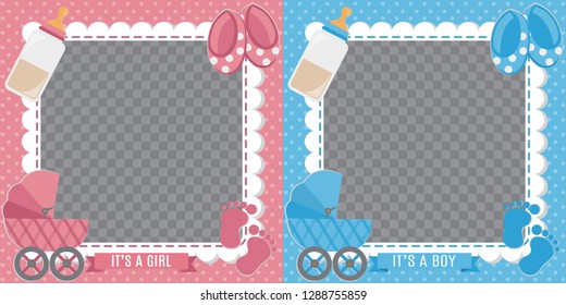 Set of baby frame with boy/girl and stickers on light background. It's a boy. It's a girl. Photo frame and decorative elements clouds, hearts