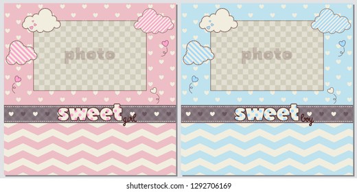 Set of baby frame with boy/girl and stickers on light background. It's a boy. It's a girl. Photo frame and decorative elements clouds, hearts