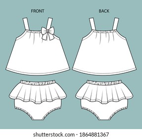 set of baby girl clothes front and back view. baby wear isolated. 