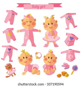 Set with baby girl, baby clothes, rattles and toys.