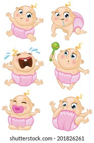 Set of a baby girl in different emotions and situations.