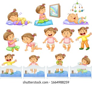 Set of baby girl doing different activities illustration
