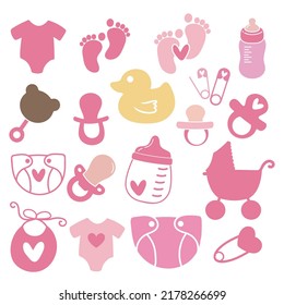 Set of baby girl icons,Vector baby icon set,silhouette Baby girl shower,Set of baby girl accessories