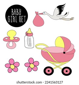 set for baby girl.  newborn items - bottle of baby milk, pacifiers and pink stroller.