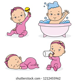 set baby girl playing, eating, sleeping and bathing. Vector isolated