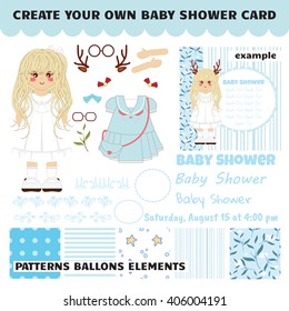 Set of baby girl shower flat vector. Elements for invitation design: pattern, balloons, deer, lace, dress, words, star, art for brush. Example card included. Blue color palette 
