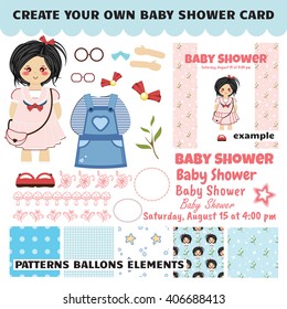 Set of baby girl shower flat vector. Elements for invitation design: pattern, balloons, lace, dress, words, star, art for brush. Example card included. Blue, pink color palette
