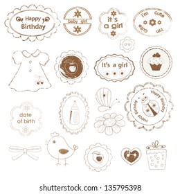 Set of baby girl stamps for scrapbook