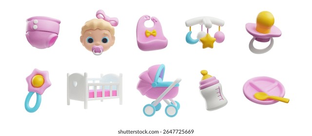 Conjunto de coleção de ícones 3D de coisas de menina. Cartoon rosto infantil bonito, charrete, cama, fralda, brinquedos, chupeta e utensílio de alimentação. Vetor renderizar ilustrações conjunto de cuidados do recém-nascido cor rosa