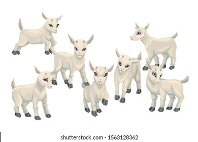 Set Of Baby Goat Cubs. Farm Animals Hand Drawn Cute Small Goat. Cartoon Vector Illustration Isolated On White Background