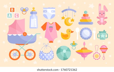 Set of baby goods icons in muted pastel colors with stroller, toys, clothing, ABC and a bottle of formula, colored vector illustration