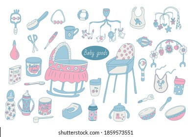Set of baby goods or stuff. Bottle, rattle, sippy cup, teether, fork, hairbrush, nail scissors, bib, formula, high chair, thermometer, bassinet, potty, bowl. Vector color doodle isolated equipment.