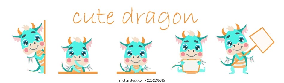  Set of baby green dragon in different poses stand with empty signs and look out from behind the wall. Drawn in cartoon style. Vector illustrations for designs, prints, greeting cards and patterns. 