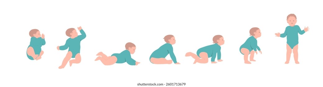 Set of baby growth process, newborn, toddler development. Early childhood, child evolution progress, sitting, crawling, growing up boy in flat cartoon vector illustration isolated on white background.